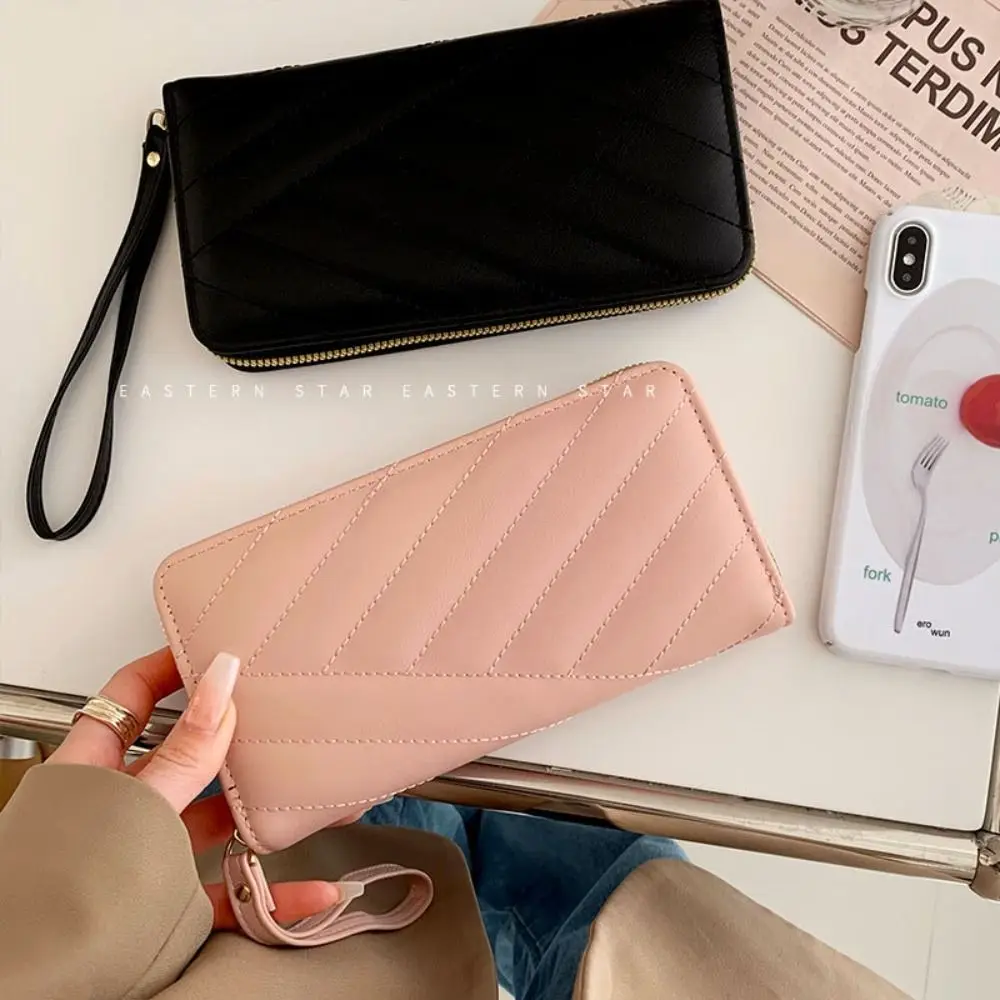 Solid Color Women Long Casual Wallet PU Leather Zipper Lady Purse Large Capacity Fashion Wrist Bag Money Bag