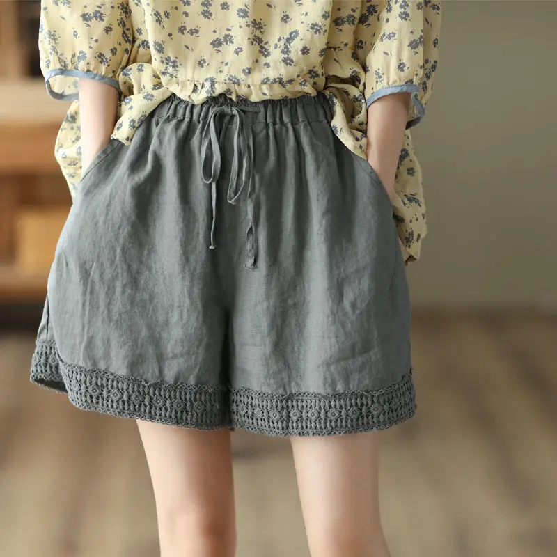 thumbnail image 1 of Pantalones cortos casuales de cintura elástica TEELYNN para mujer, pantalones cortos de lino y algodón de verano con encaje empalmado y bolsillos, estilo bohemio para playa, sueltos, 3XL, 1 of 5