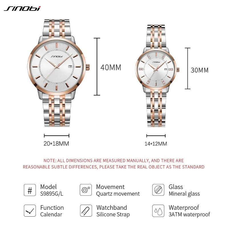 SINOBI Couple Watches classics Calendar Stainless Steel Waterproof Luminous Lover's Watch Quartz Wristwatch Men Women Set Gifts