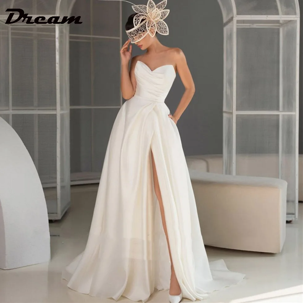 

DREAM Strapless Pleated Sleeveless Wedding Dress For Bride Satin Tulle High Side Slit Elegant Sweetheart A-Line Bridal Gowns