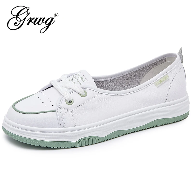 

GRWG Spring Summer Women Sneakers Genuine Cow Leather Flat Casual Shoes High Quality White Female Sports Shoes Fashion Footwear