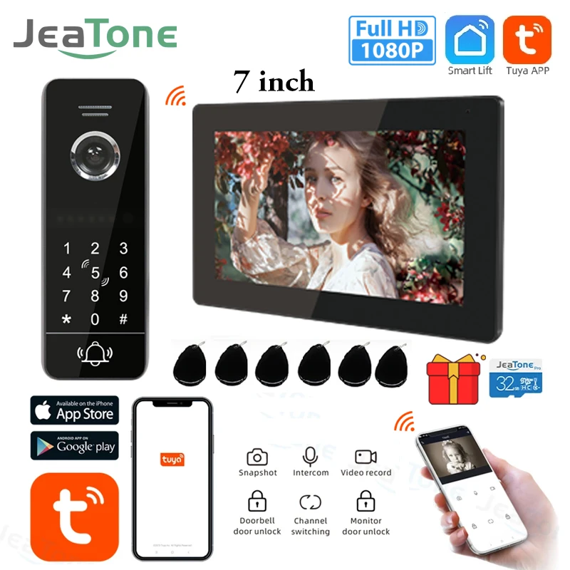 

Jeatone TUYA 1080P 7 inch Touch Screen Wifi Video Doorbell Smart Home Video Intercom Motion Detection Password ID Monitor Unlcok