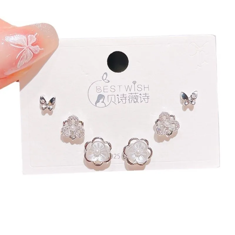 6Pcs/set Tiny Flower Butterfly Zircon Stud Earrings Sets for Women 2024 New Trend White CZ Earrings Fashion Jewelry Sets
