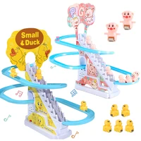 DIY Rail Racing Track Electric Small Duck Climbing Stairs Toy Pig Action Figures Toys Music Roller Coaster Duck Toy For Kid Gift 1