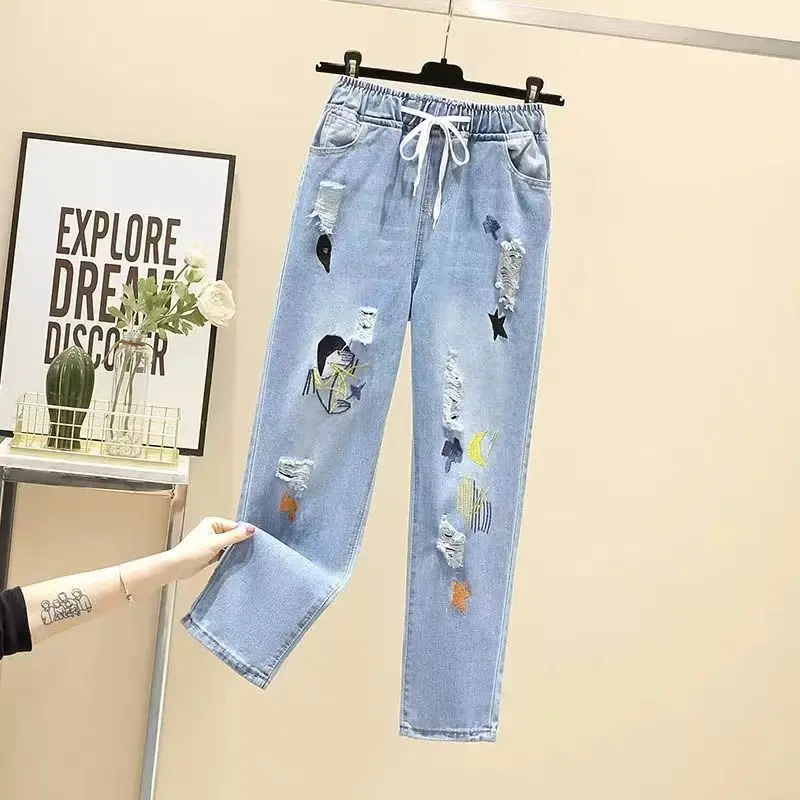 High Waist Jeans Women's Loose Light Color Elastic Waist New Embroidered Nine Point Carrot Casual Hole Harem Pants Women's Pants