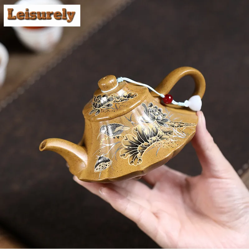 200ml Yixing Purple Clay Teapots Handmade Gilding  Cloud Furnace Pot Raw Ore The Keel Gold Sand Kettle With Infuser Zisha Teaset