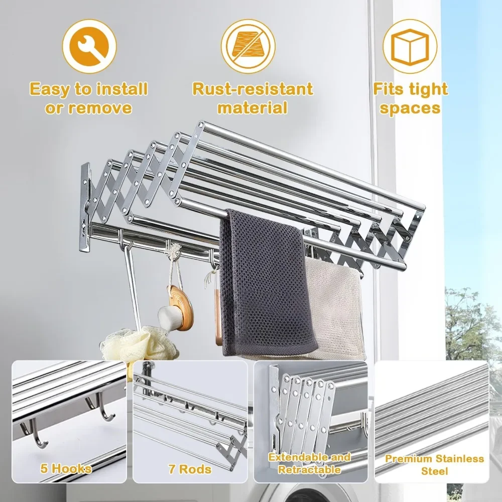 Clothes Drying Rack Wall Mounted Balcony Toilet Scalable Towel Storage Shelf Foldable Drying Racks Stainless Steel Towel Rack