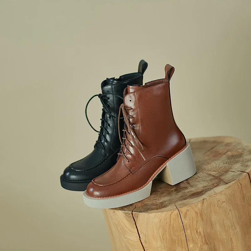 

Winter Genuine Leather Women Boots Chunky Heels Platform Boots for Women Solid Lace Women Shoes High Heel Boots Zapatos De Mujer