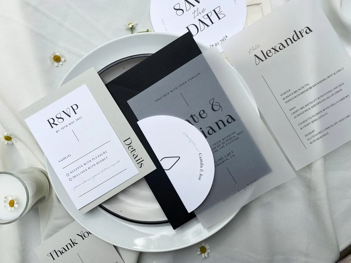 Modern Vellum Wedding Invitation Suite with Half Moon Guest Name Tag