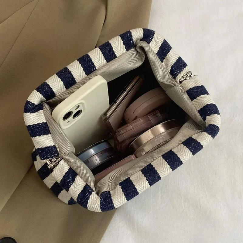 Summer Woven Crochet Striped Women's Handbag Large Capacity Knitted Beach Evening Bag Casual Ladies Colorblock Niche Cloud Bag