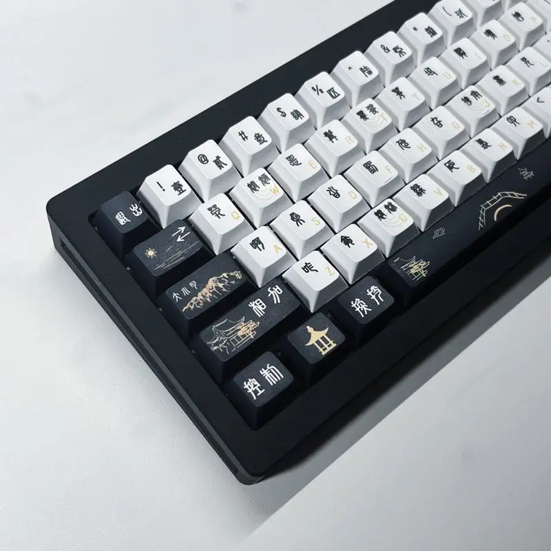 Teclado Mecânico Cherry Keycaps Estilo Chinês Antigo Caracteres Incomuns Preto Branco Clássico Faça Você Mesmo Sublimação de Lados 129 Chaves - Imagem 5