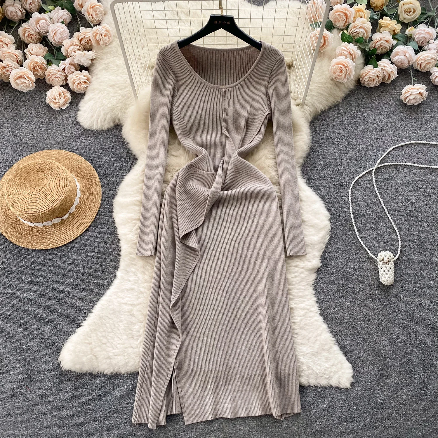 

Женское эластичное платье-свитер, новинка сезона осень-зима 2023, облегающие вязаные платья с длинными рукавами и оборками