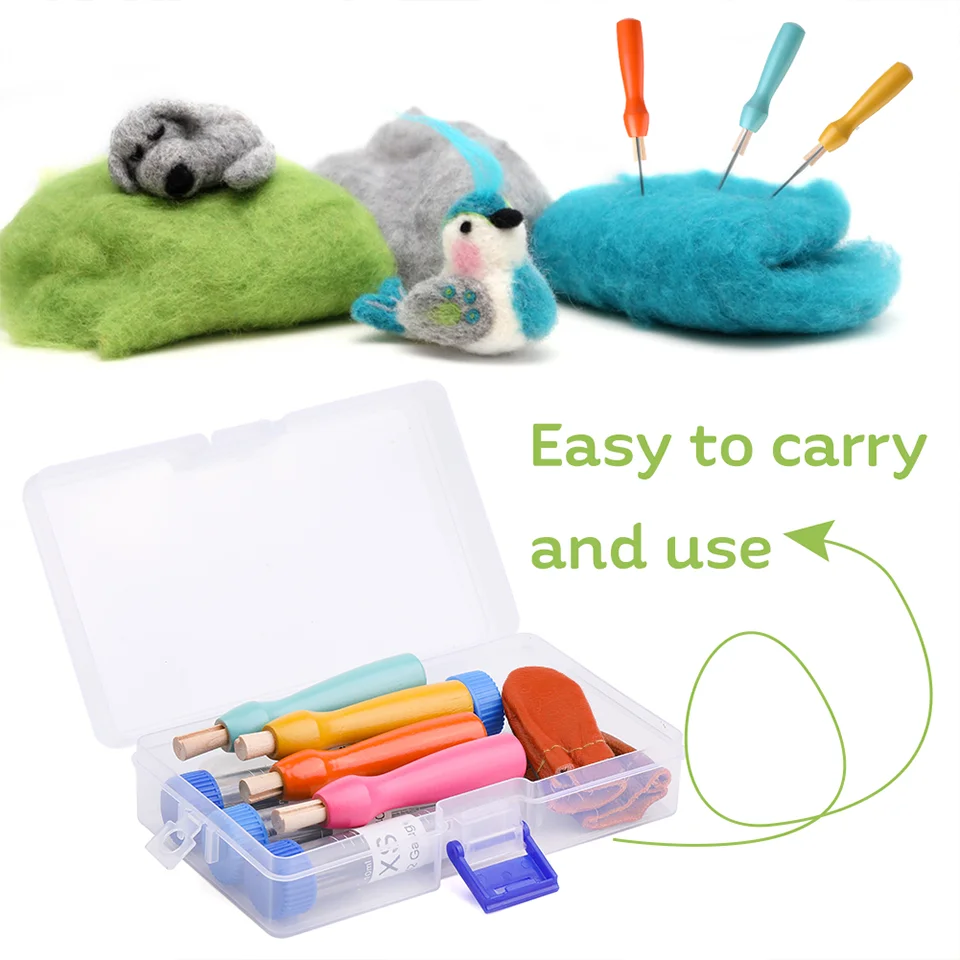 Wooden handle needle felting tools kit with 3/4 sizes wool felting needles finger cot supplies set for beginners needle felting kit wool felting kit needle felting painting kit