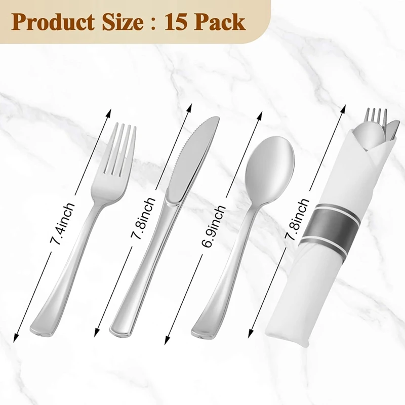 Pre Rolled Silver Plastic Silverware Set,Pre Rolled Napkins With Silver Cutlery Set For Party,Birthday