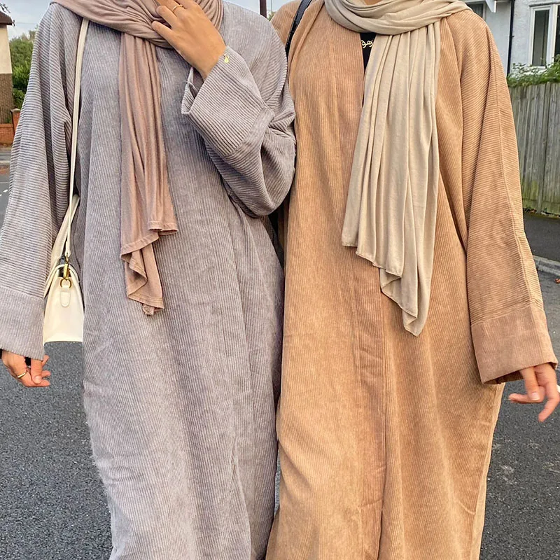 Corduroy Open Abaya Coats Winter Front With Button Side Pockets Thick Warm Muslim Women Dress EID Ramadan Islamic Clothing