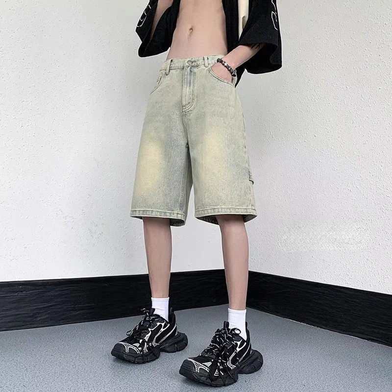 American Retro Denim Pants Men Summer High Waist Straight Leg Cargo Shorts High Street Fashion Casual Basics Streetwear Male
