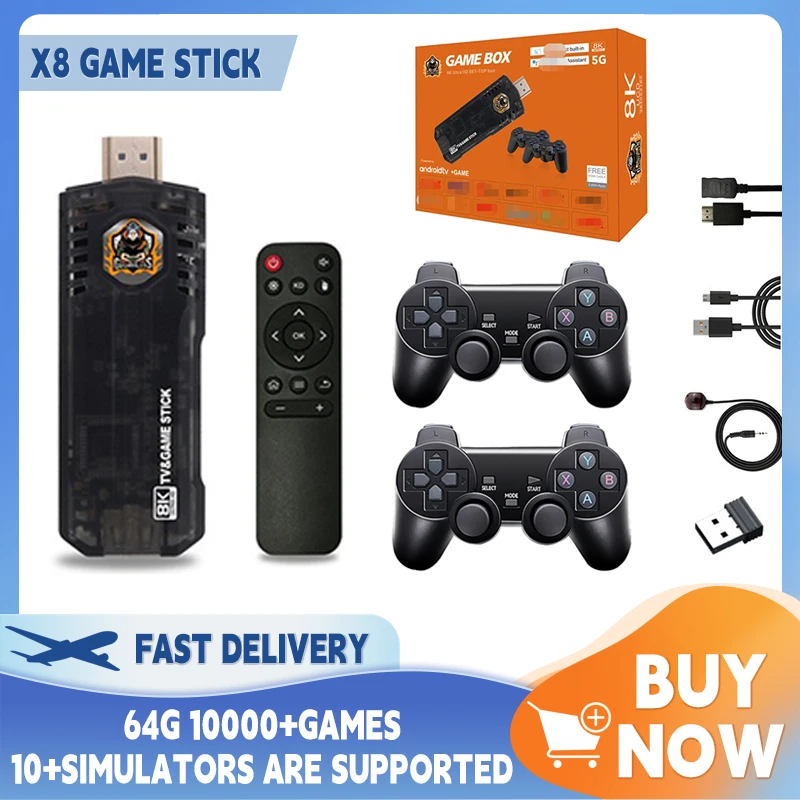 

X8 Pro Game Stick 4K TV Stick With Two Wireless Handles Mini TV Box 30000 Games for N64 PS1 DreamCast NDS NES CPS FC GB MD SFC