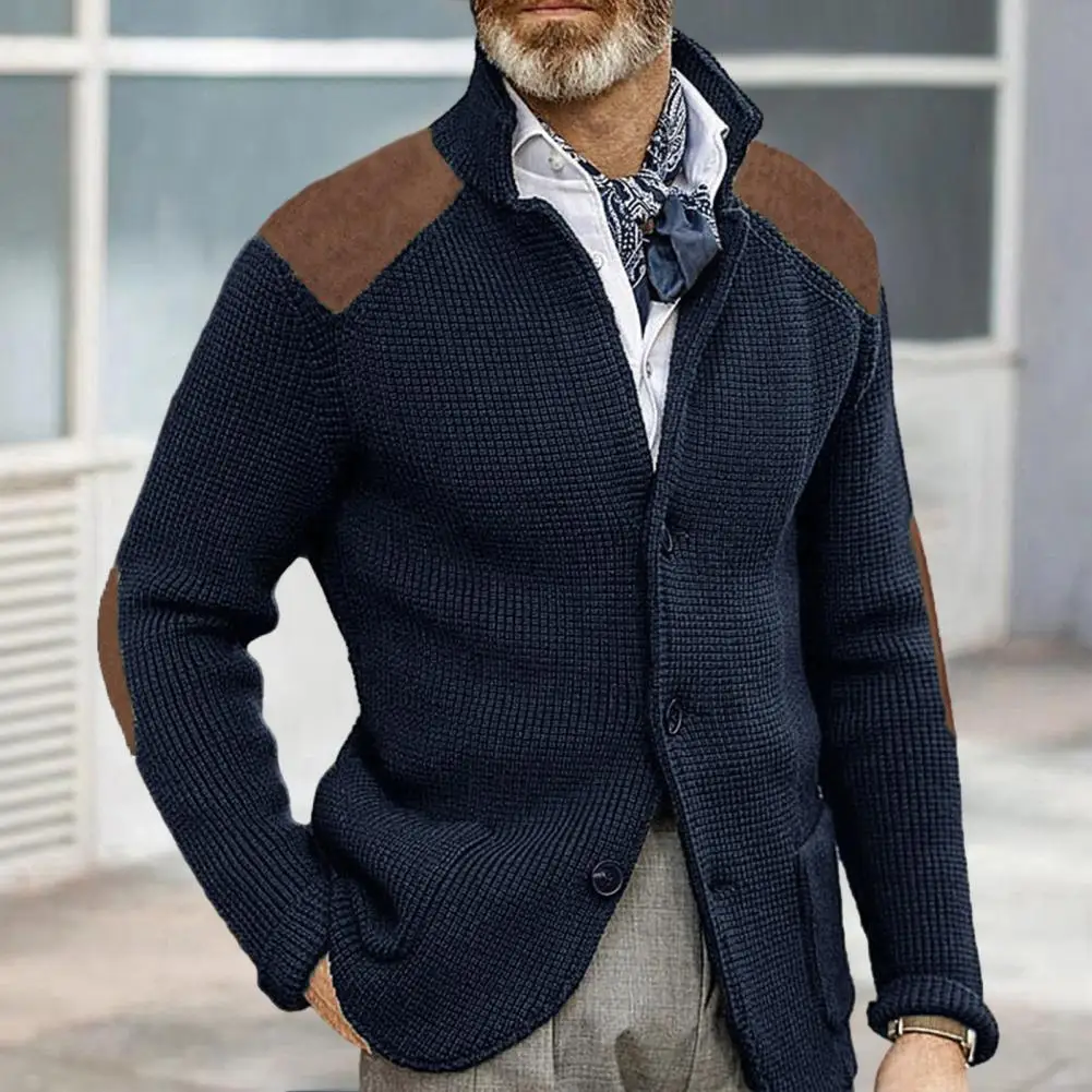 Sports Pants Cardigan Men's Single-breasted Lapel Knitted Cardigan Sweater Coat with Patchwork Color Matching for Winter Fall