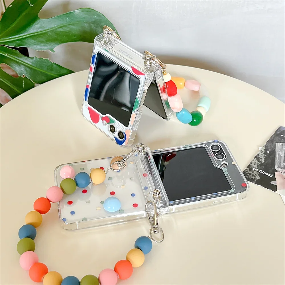 Cute Colorful Round Bead Wrist Strap Case with Transparent Hinge Protection Cover