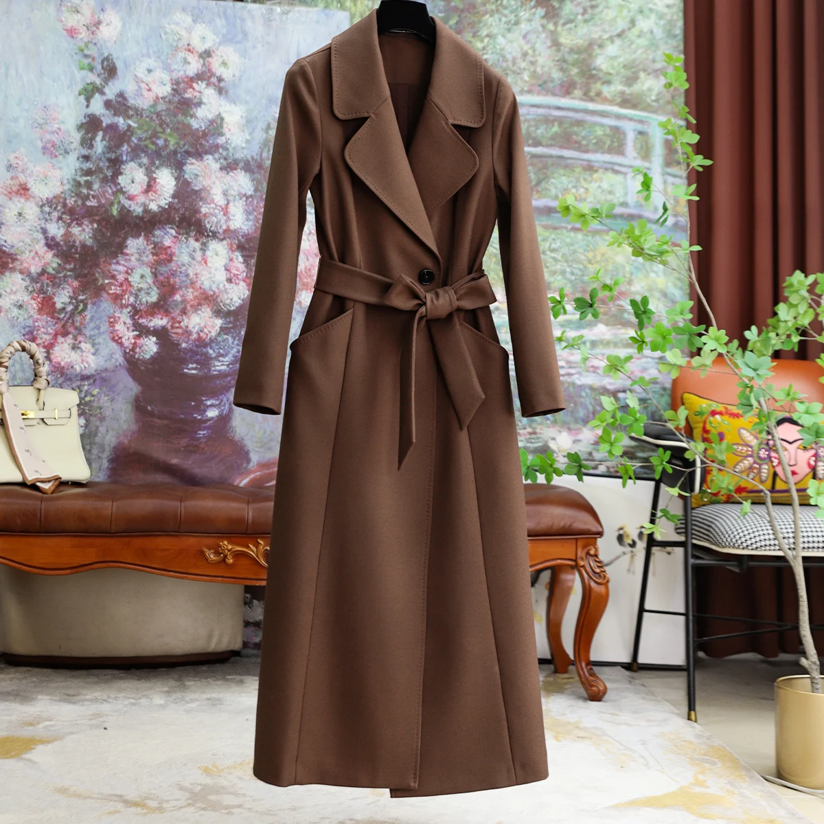 

Minimalist Wind Suit Material Slim Long Windbreaker Jacket Female 2023 Autumn and Winter New Solid Color Elegant Commuter Jacket