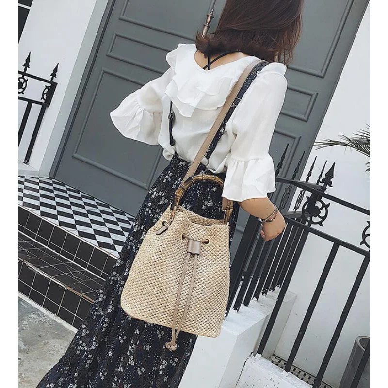 

Boho Summer Bamboo Handmade Bucket bag Woven Straw bag Beach Women's Handbag One-shoulder bag Top Handle tote bolsa feminina
