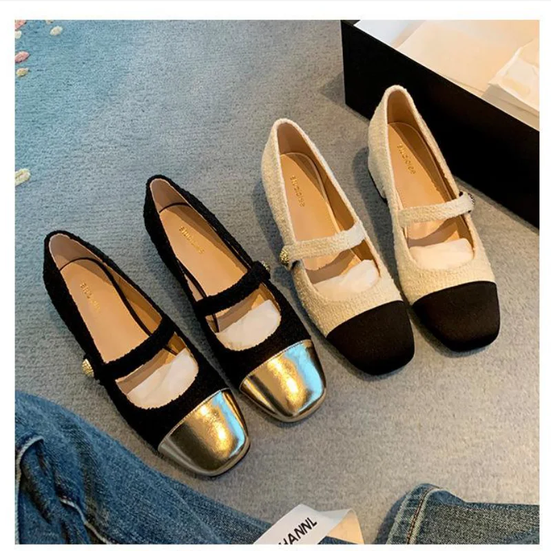 Pumps Women Shoes New Spring Shoes Women Fashion Square Heel Mixed Colors Flock Mary Janes Mid Heels Shallow Party Shoes