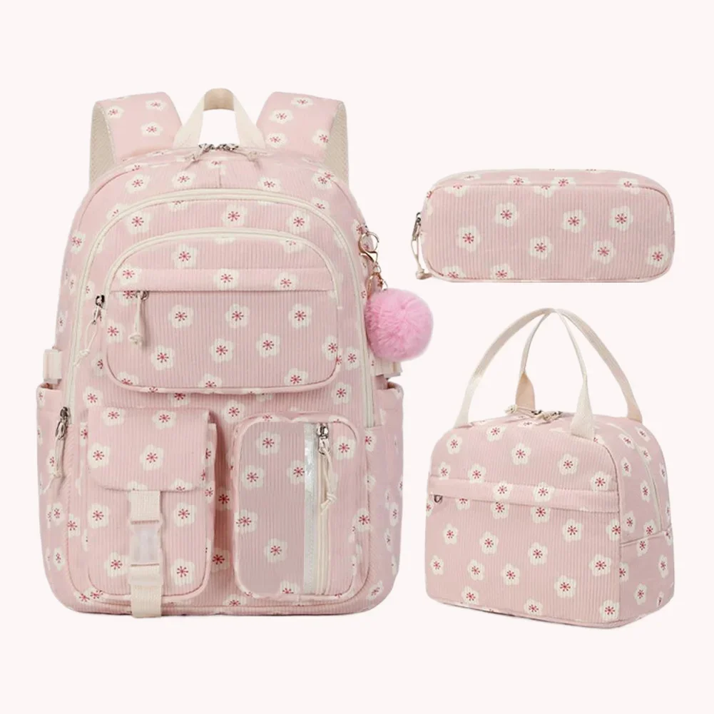 3pcs Corduroy College Backpack with Lunch Bag Pencil Case Cute Girl School Strawberry Print Bookbag Daypack Set for Teens Women