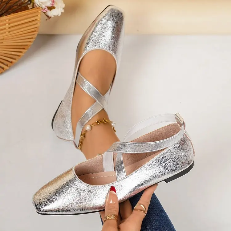 2026 New Square Toe Women‘s Low Heels New Luxury Elastic Band Shoes Elegant Loafers Comfortable Outdoor Women Single Shoes