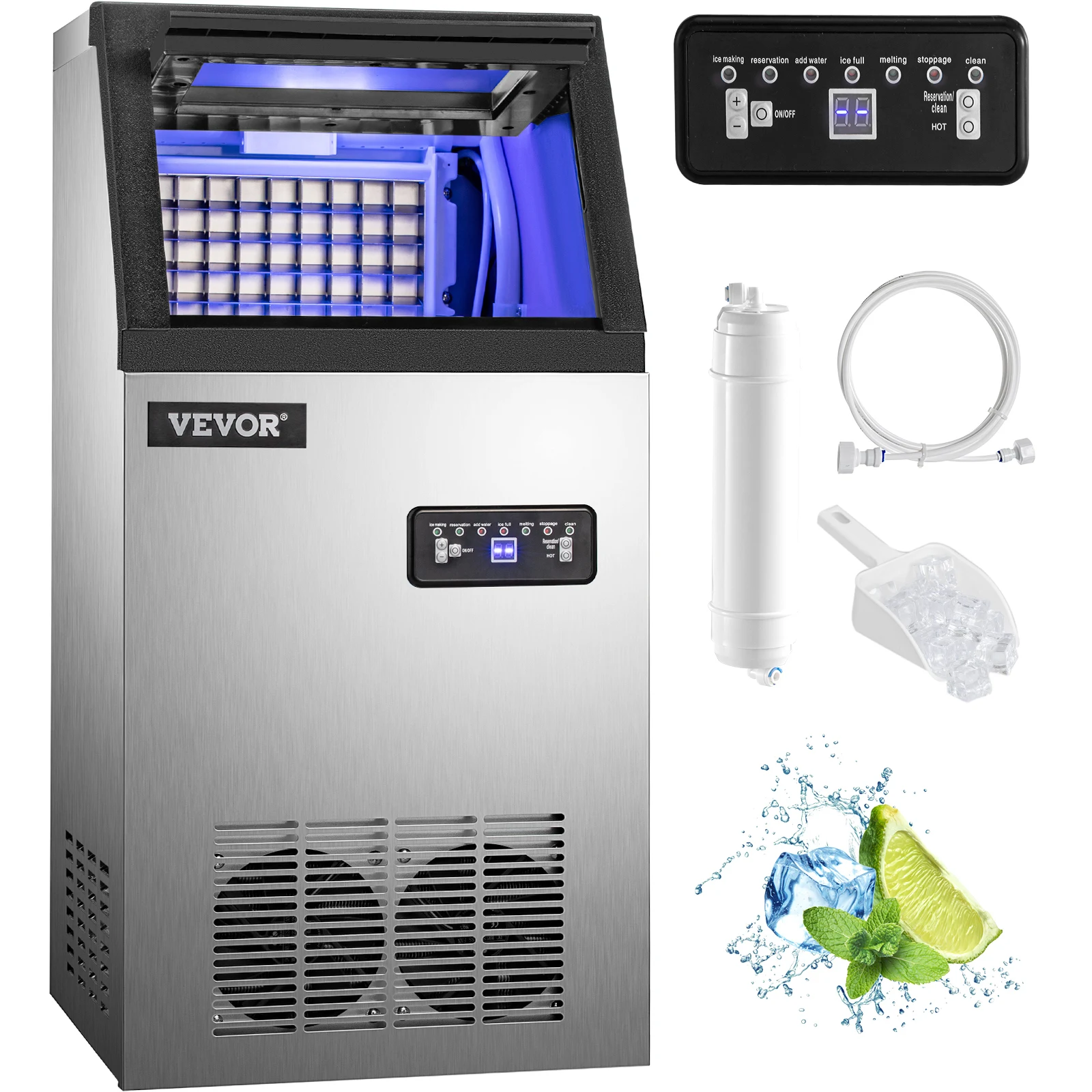 VEVOR-máquina comercial para hacer cubitos de hielo, máquina para hacer cubitos de hielo de acero inoxidable, Control Digital, 110 libras/24H, 50KG