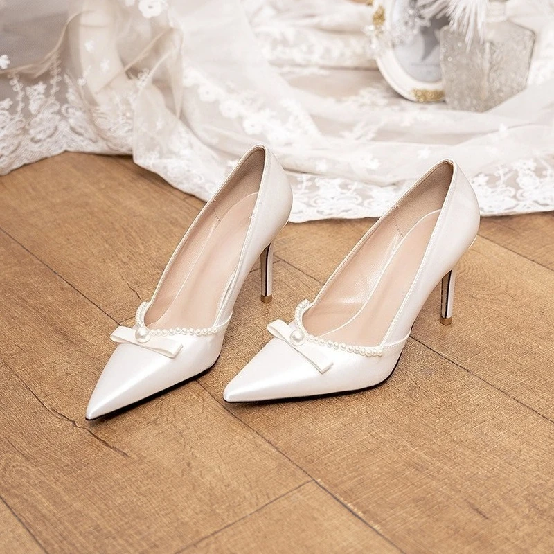 Wedding Shoes Women's White Satin Bow Pearl with Bridal Shoes ...