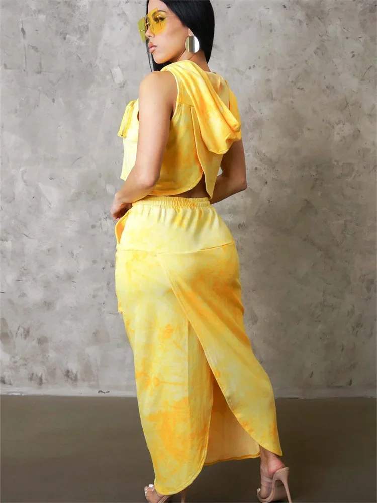 Wmstar Skirts Sets Summer Holiday Sexy Two Piece Set Women Tie Dye Hoodies Crop Top and Maxi Skirt Wholesale Dropshipping 2024