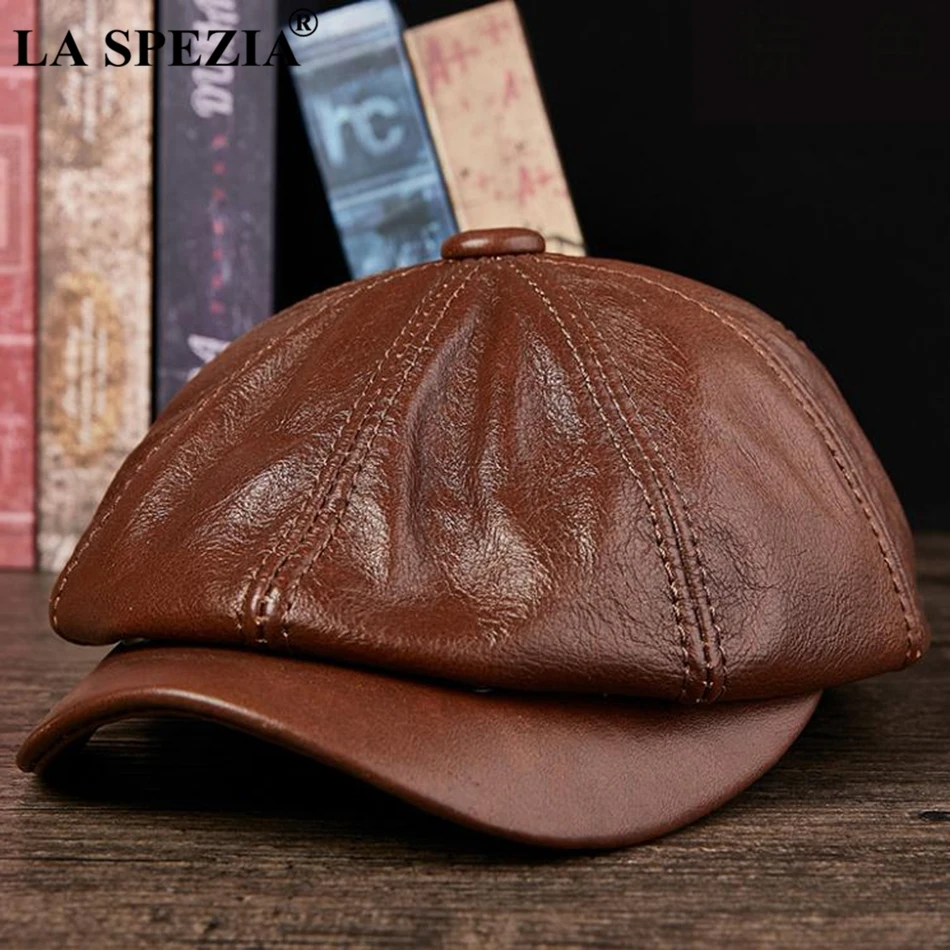 LA SPEZIA Black Newsboy Hats For Men Genuine Cowskin Leather Octagonal Cap Male Autumn Winter Fitted Vintage Duckbill Hats Beret 2