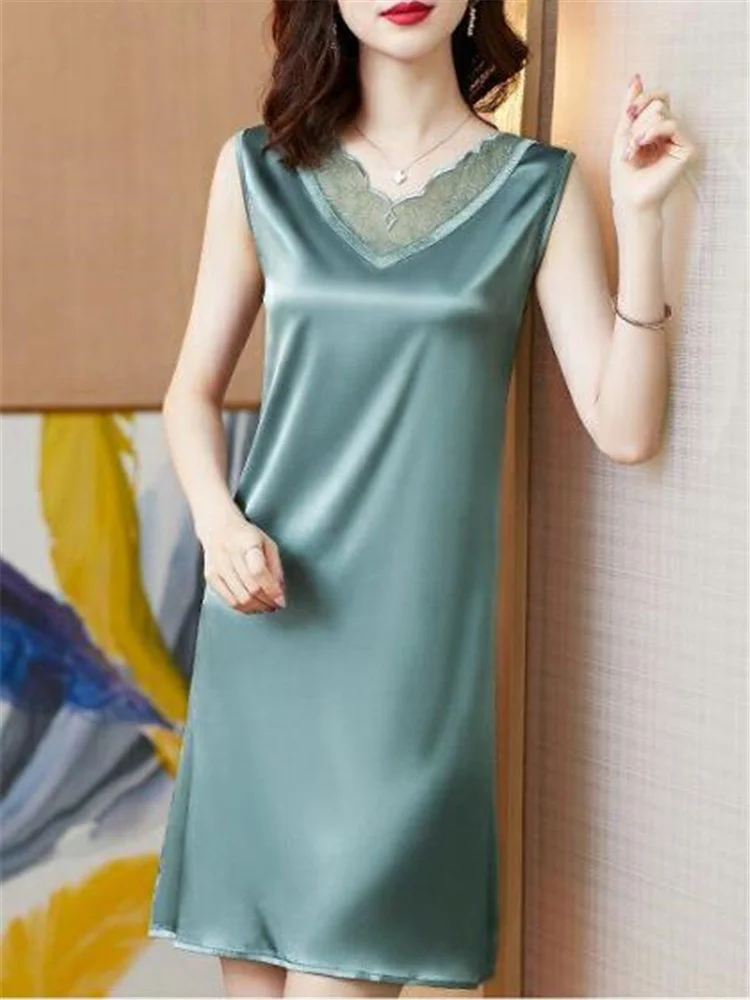 

Silk Dress For Women Lace Sexy Dress Sleeveless Hook Flower Hollow Woman Clothes Fashion Camisole Dress Casual Satin Vest Dress