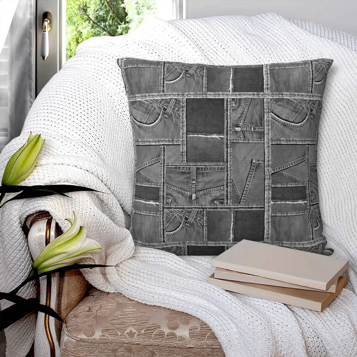 

Grey Jeans Denim Patchwork Distressed Pattern Pillowcase Printed Cushion Cover Sofa Waist Pillow Pillow Cover