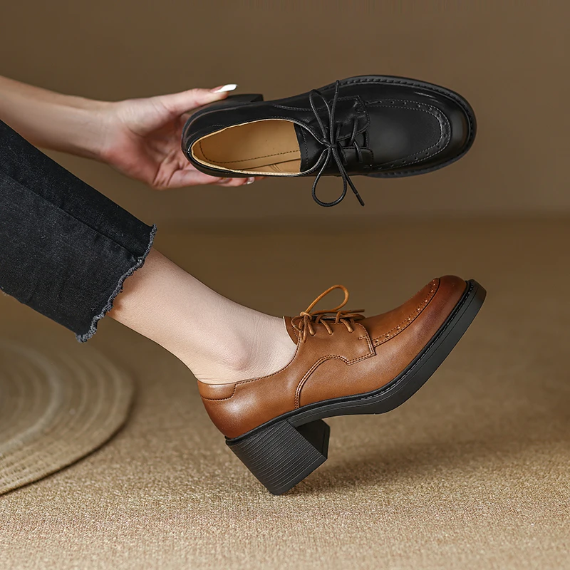

2023 new spring women pumps natural leather 22-25cm length cowhide+pigskin Lace up brogue shoes Classic vintage platform shoes