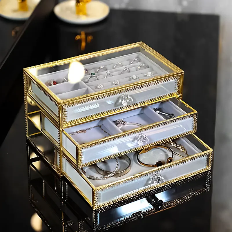 Description Picture 4 of itemCopper Glass Jewelry Storage Box Multi-layer Earrings Ring Necklace European Style Dust-proof