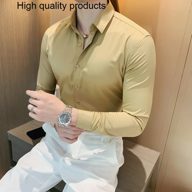 

Men's Casual Stretchy Bamboo-fiber Long Sleeve Dress Shirts Pocketless Standard-fit Formal Business Work Office Easy Care Shirt