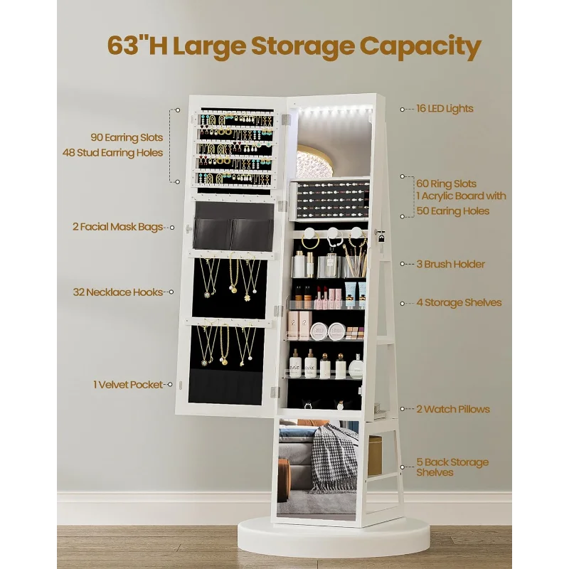 

Hzuaneri 16 LEDs Jewelry Cabinet Armoire, 63" Standing Jewelry Organizer with 360° Rotating Base, Lockable Full-length Mirror