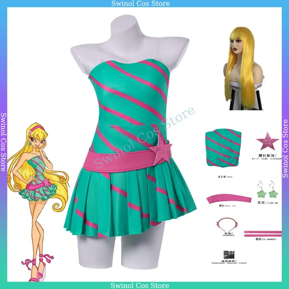 Anime Cartoon Princess Stella Cosplay Green Striped Dress Women Vacation Set Halloween Party Stage Clothing - AliExpress