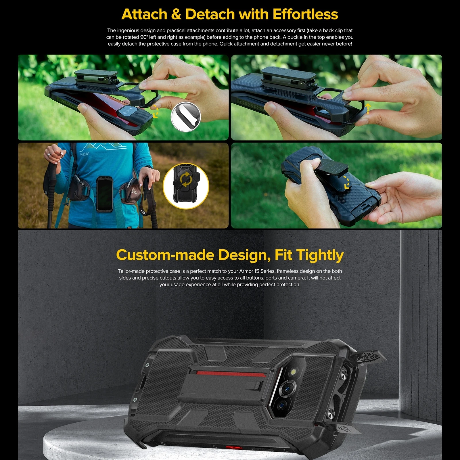 Ulefone Power Armor 15 Back Cover Ulefone Back Clip Phone Case with Carabiner TPU + PC Case Protective Case