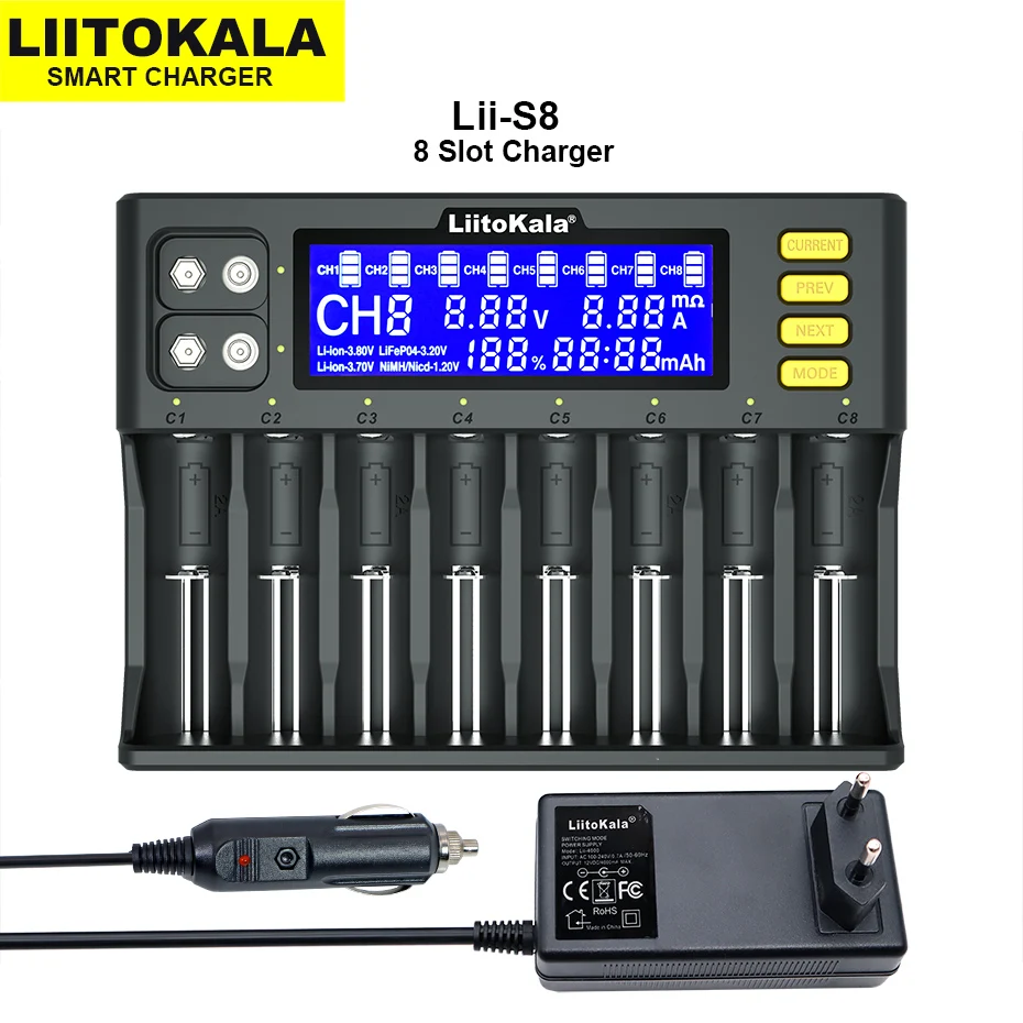 LiitoKala Lii-S8 Lii-PD4 Li-ion 3.7V NiMH 1.2V Li-FePO4 3.2V IMR 3.8V For 18650 26650 21700 26700 18350 AA AAA Battery Charger battery charger battery charger adapter
