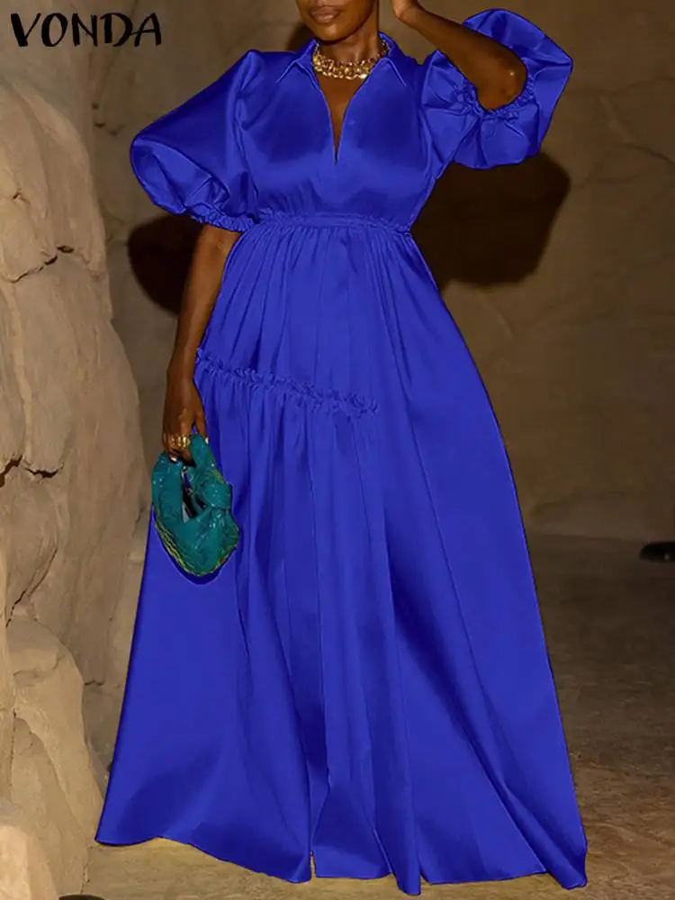 

VONDA 2024 Summer Satin Silk Dress Women Elegant Maxi Dress Casual Short Puff Sleeve Long Sundress Bohemian Pleated Vestidos