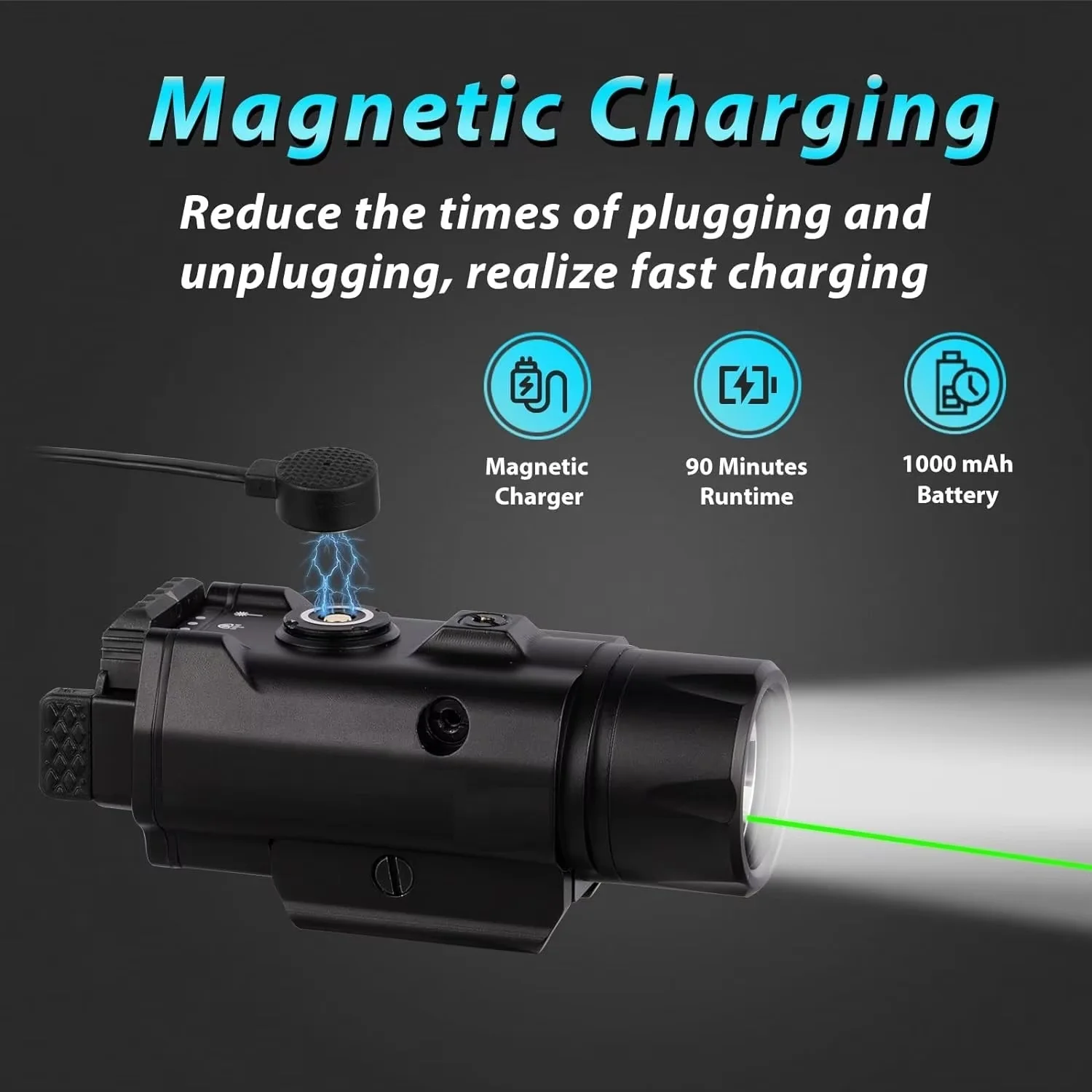 Richfire Tactical Flashlight Green Beam and White LED Combo 1500LM with Magnetic Charging Weaponlight for 20mm Rail Mounted