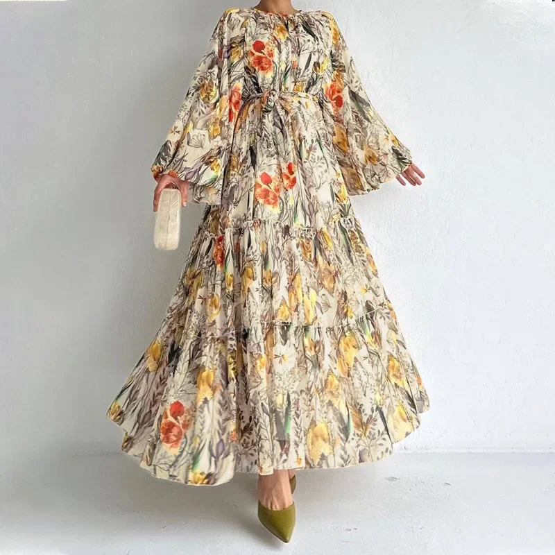 

Printed Slim-fit Dress for Women Abaya Dubai Islam Muslim Long Sleeve Lace-up Dress Kaftan Robe Elegante Femme Women Clothing