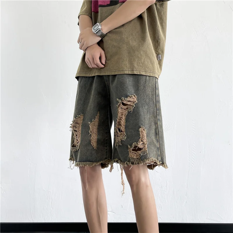 

Male Jeans Retro Ripped Wool-edge Denim Shorts Men's Summer Casual Straight Cowboy Short Pants Pockets Five Points Loose