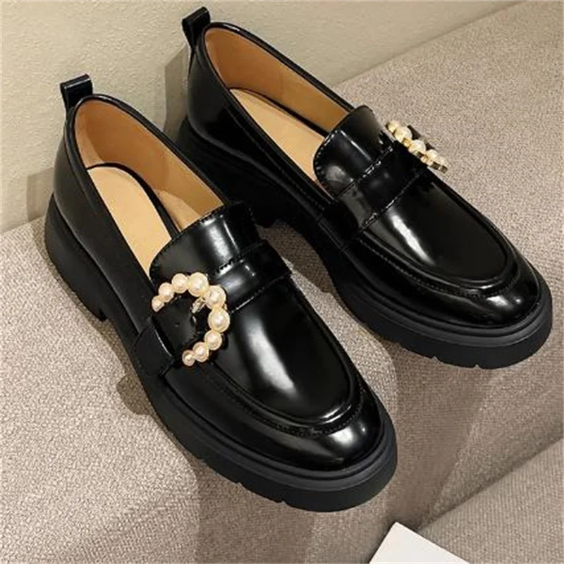 

Pearls Shoes for Women Round Toe Mid Heels Belts Buckle Chassure Femme Sewing Lines Female Loafers String Beadings Zapatos Mujer