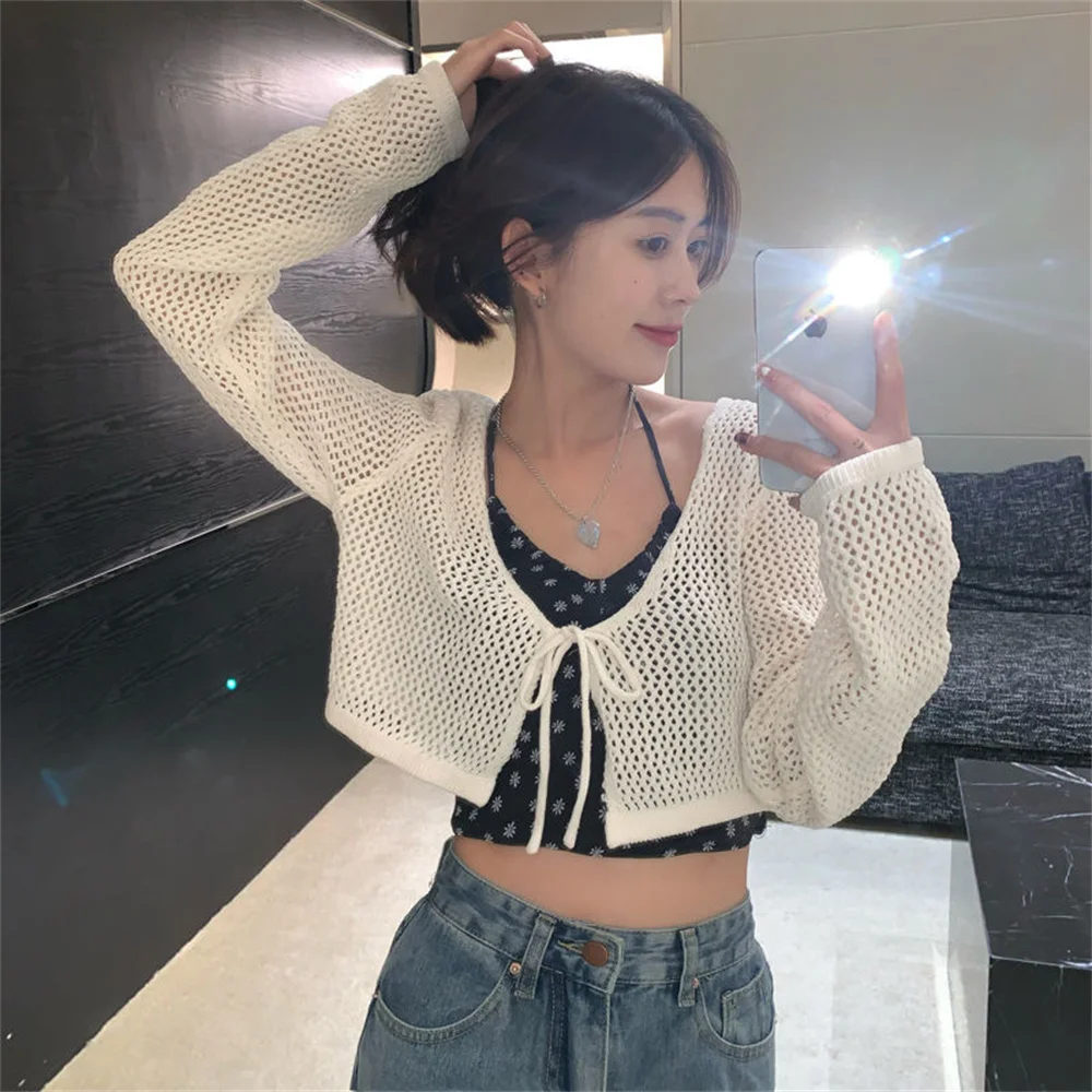 Women Autumn Ribbed Knitted Spaghetti Strap Buttons Front Camisole Hollow Out Crochet Open Front Solid Cropped Cardigan y2k tops