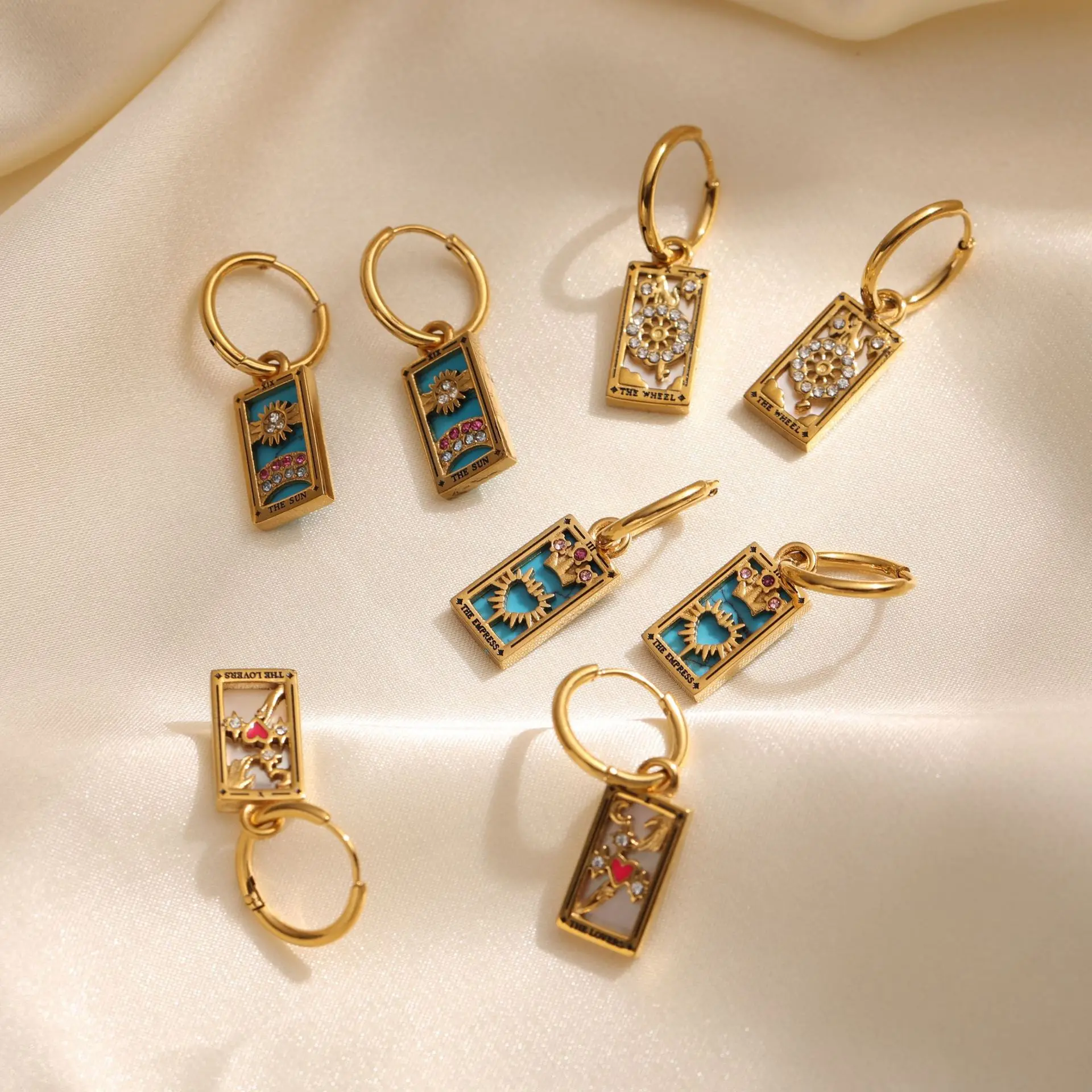 New Tarot Cards Chunky Hoop Earrings for Women Stainless Steel Original Tarot Queen Lover Magician Moon Drop Earrings Jewelry 2