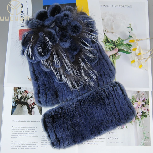 Hot Sale Women Warm Rex Rabbit Fur Hat Scarf Sets Winter Lady Knit Fur Hats Muffler 2 Pieces Natural Rex Rabbit Fur Cap Scarves 1