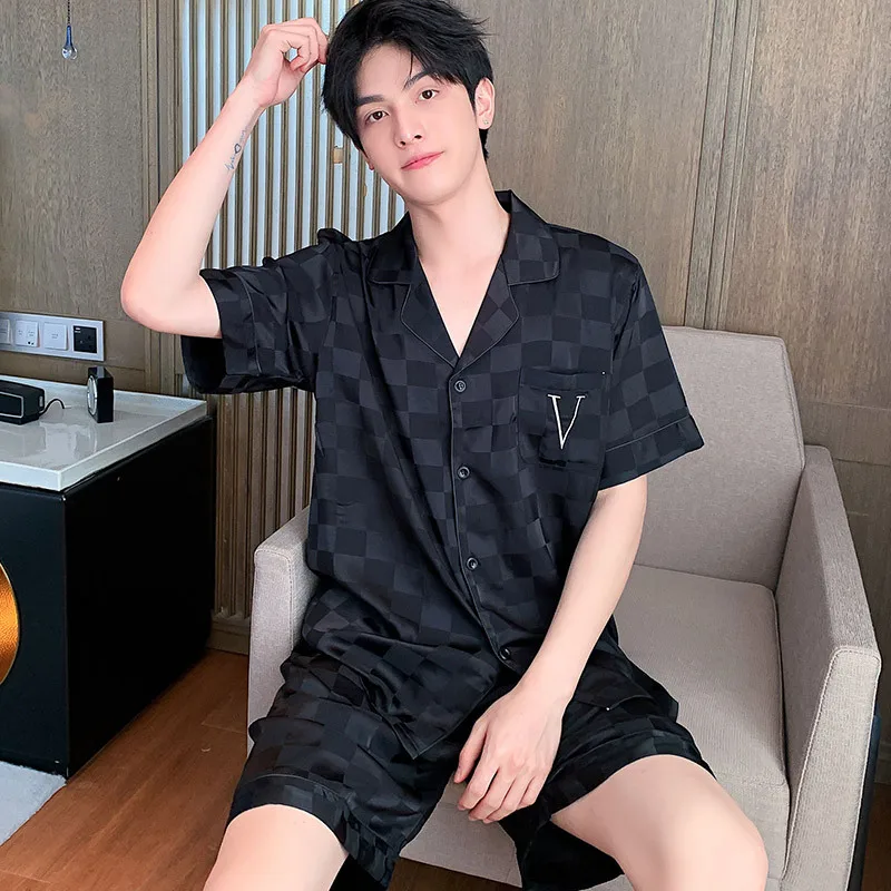 Men's Summer Ice Thin Silk Pajamas Short Sleeve Shorts Two Piece Set Oversized Loose Fitting Casual Jacquard Home Clothing